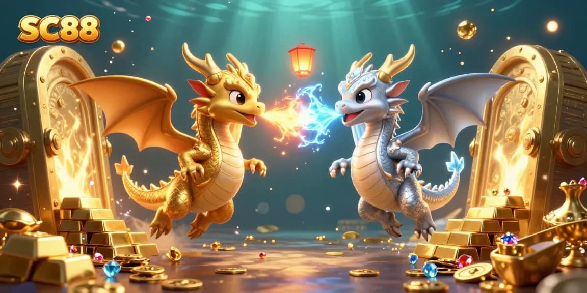 Engage with SC88's thrilling dragons in a dazzling 3D casino illustration featuring dynamic fire and ice.