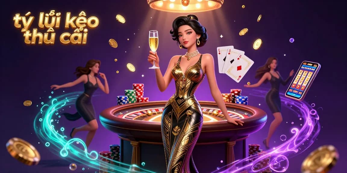 Tỷ lệ kèo nhà cái showcasing glamorous casino elements with Asian elegance and vibrant game dynamics.
