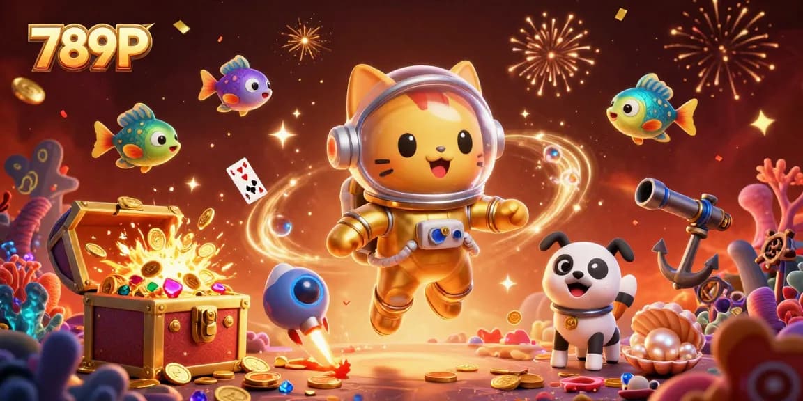 Immerse in 789P gaming action with a vibrant scene of an astronaut cat and robot dog in space.