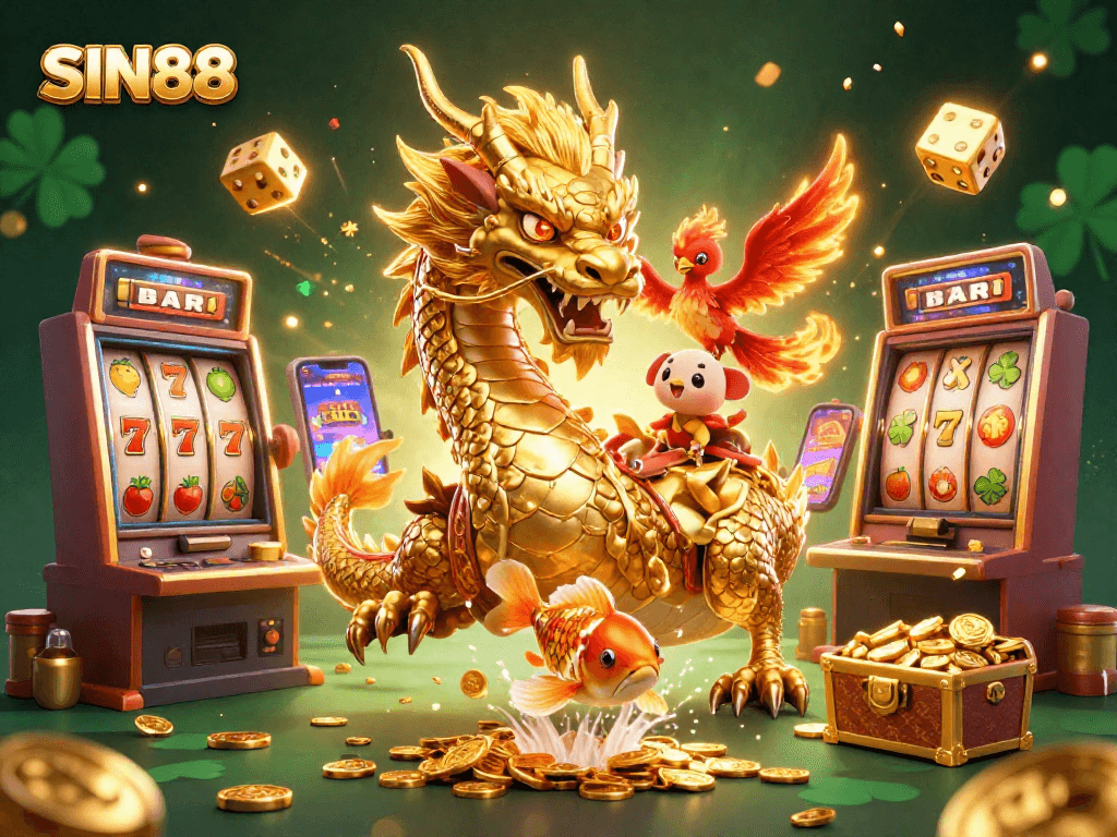 SIN88 showcases a vibrant casino scene with a golden dragon and lucky symbols