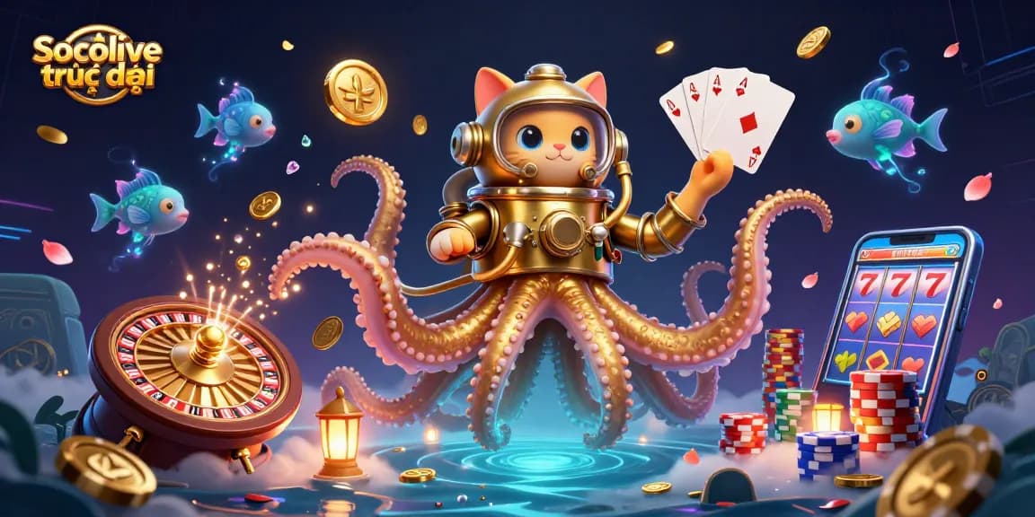 Socolive trực tiếp showcases stunning 3D fantasy elements, including a kraken and golden coins, perfect for online gaming.