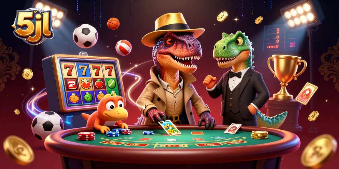 Experience thrilling 5jl action with a velociraptor card counter and lively casino energy.