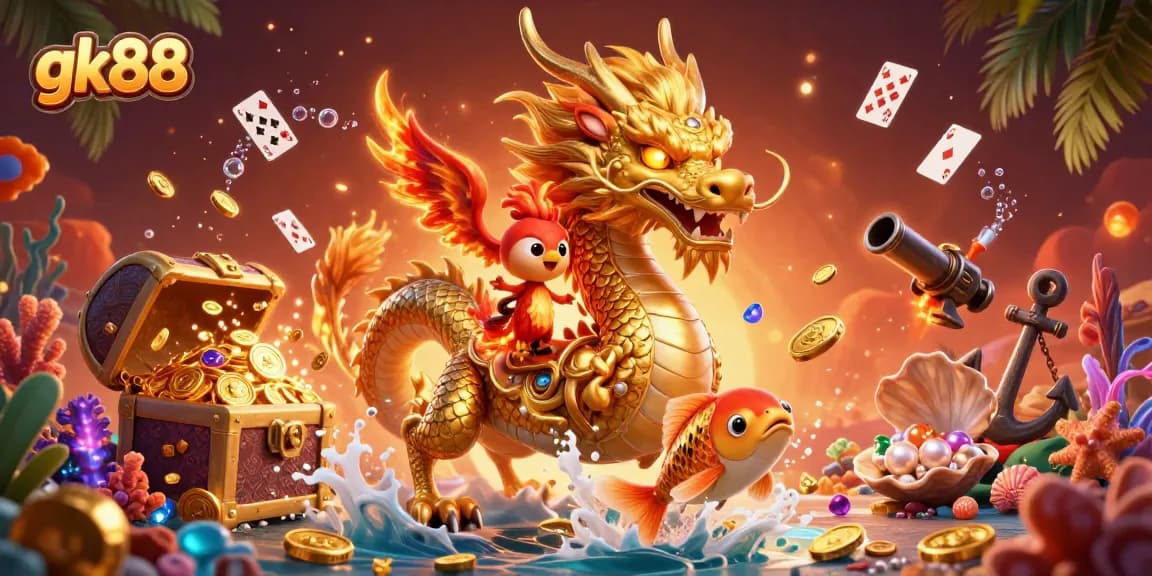 gk88 mang đến hình ảnh sôi động với rồng vàng khí thế và cá koi trong lướt sóng vàng
