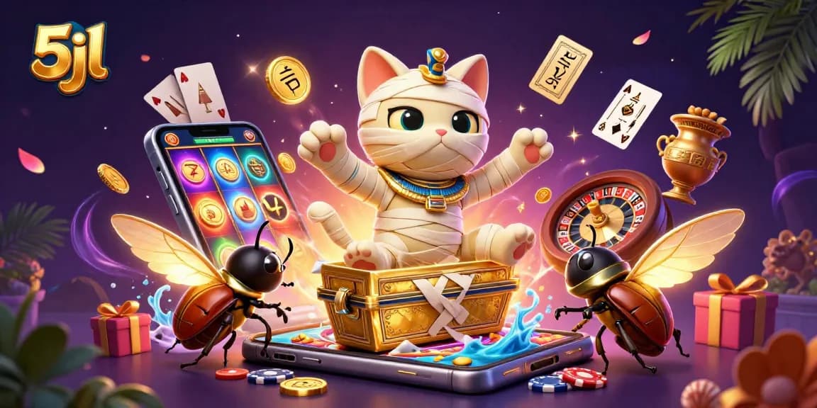 Engage with the 5jl pyramid casino world featuring an Egyptian mummy cat and vibrant slot action.