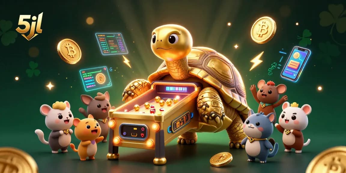 Experience thrilling gameplay with 5jl, a colossal tortoise pinball machine in a vibrant casino scene.