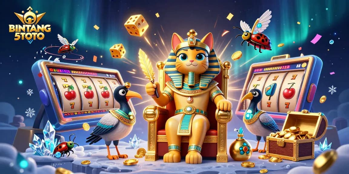 BINTANG5TOTO showcases an Egyptian pharaoh cat in a dynamic casino scene bursting with slot machine action.