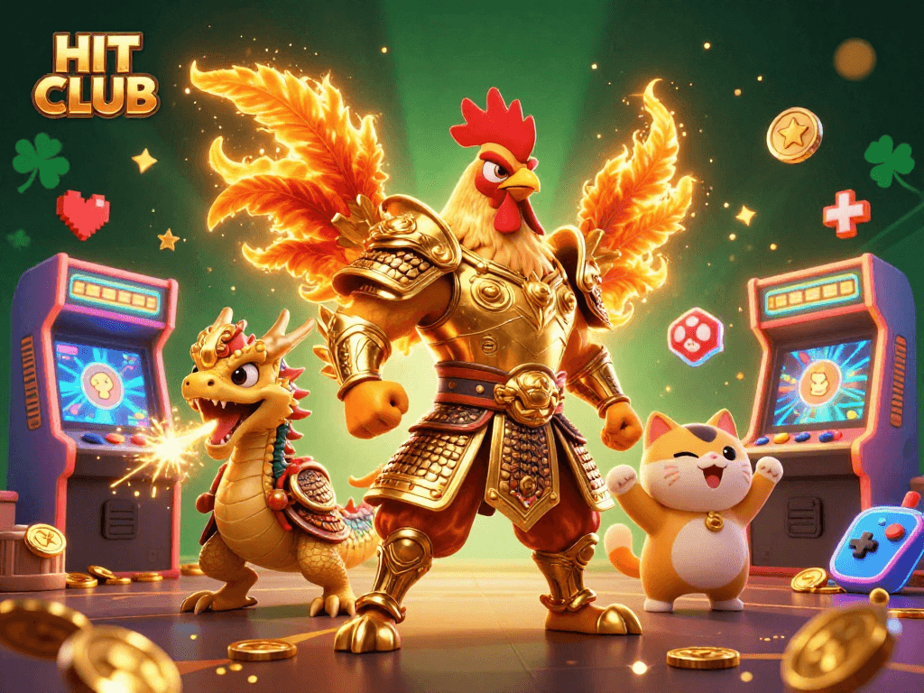 Join the excitement at HIT CLUB with a fierce rooster warrior, a dragon hatchling, and a cheering fortune cat.