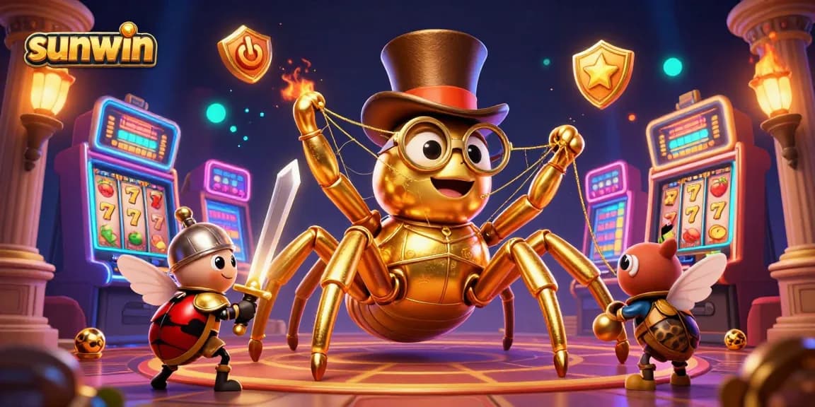 Engage with sunwin’s vibrant casino scene featuring a golden tarantula weaving luck-filled slot threads.