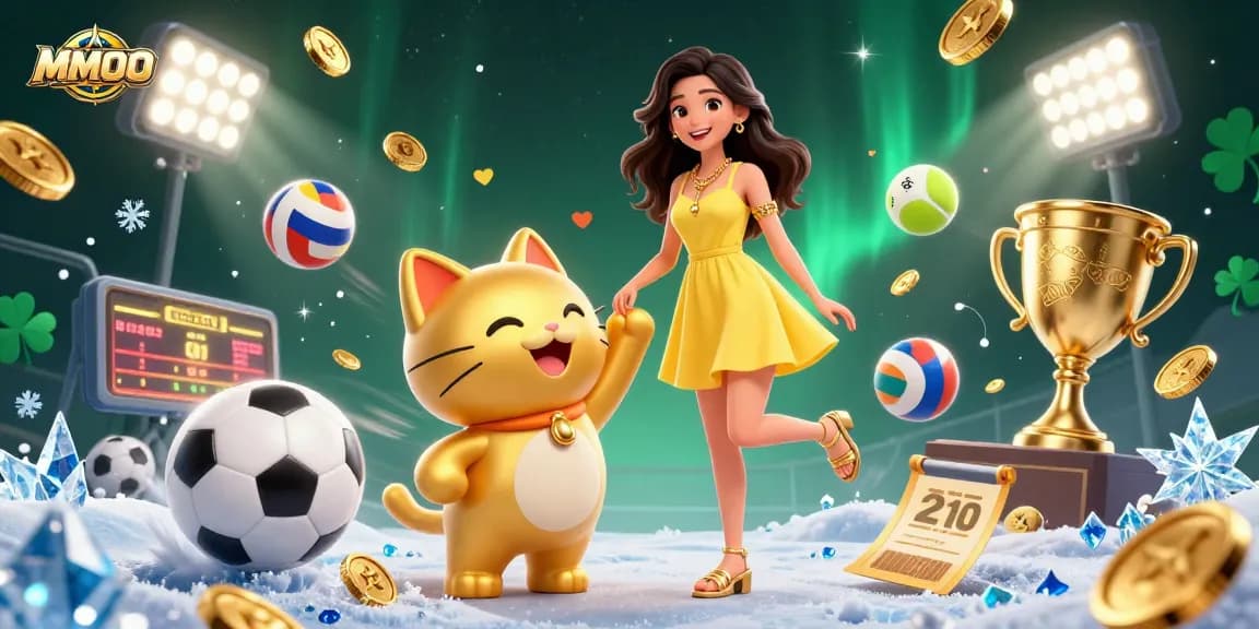 Engage with MMOO's vibrant casino scene featuring a joyful woman and lucky cat amidst dynamic sports betting elements.
