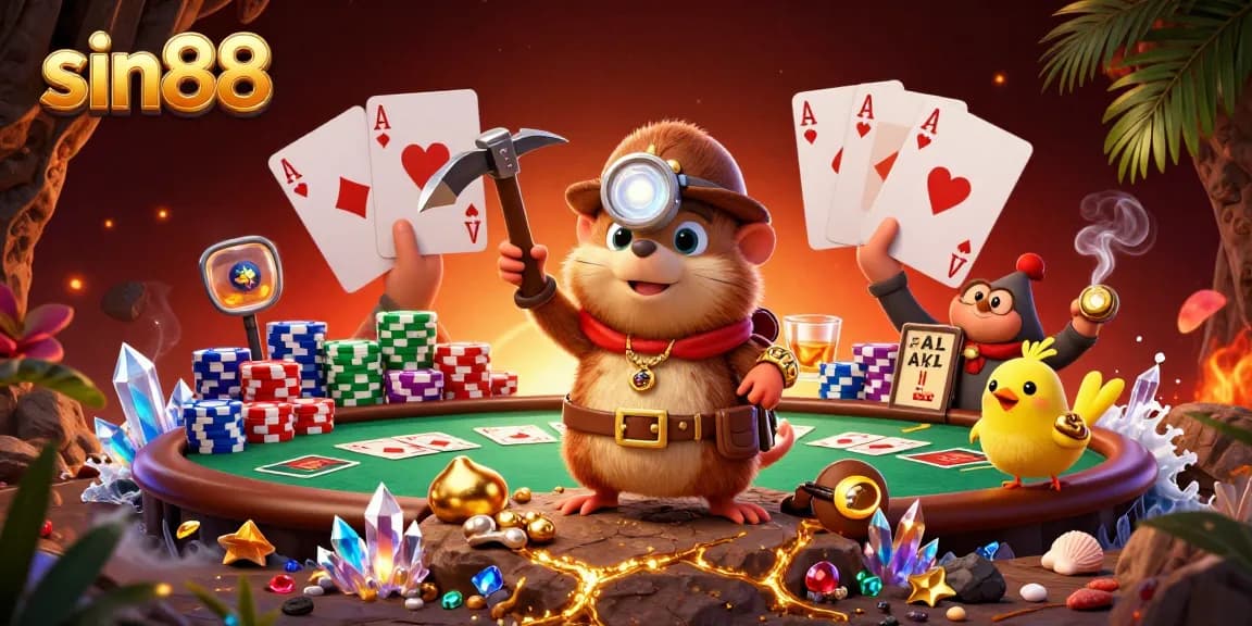 Win big at sin88 with thrilling scenes of a treasure hunter and poker excitement.