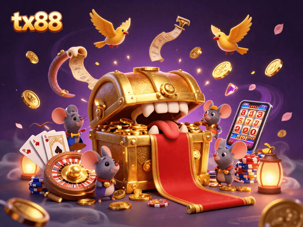 Experience tx88's winning excitement with a dazzling 3D casino scene filled with treasures.