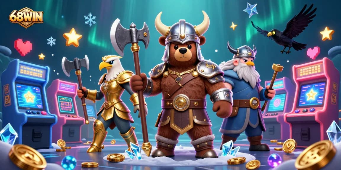 Experience thrilling gaming at 68WIN with dynamic 3D characters, arcade machines, and engaging visuals.