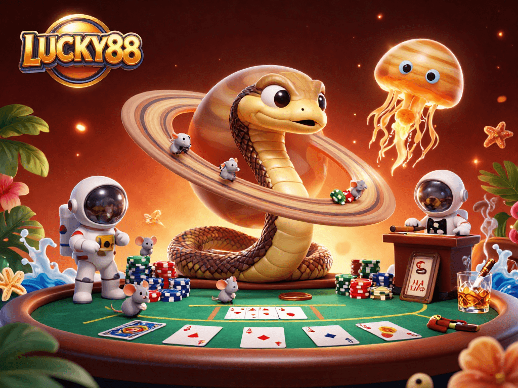 Place bets at LUCKY88 with astronaut mice and a cosmic dealer in a vibrant casino scene.