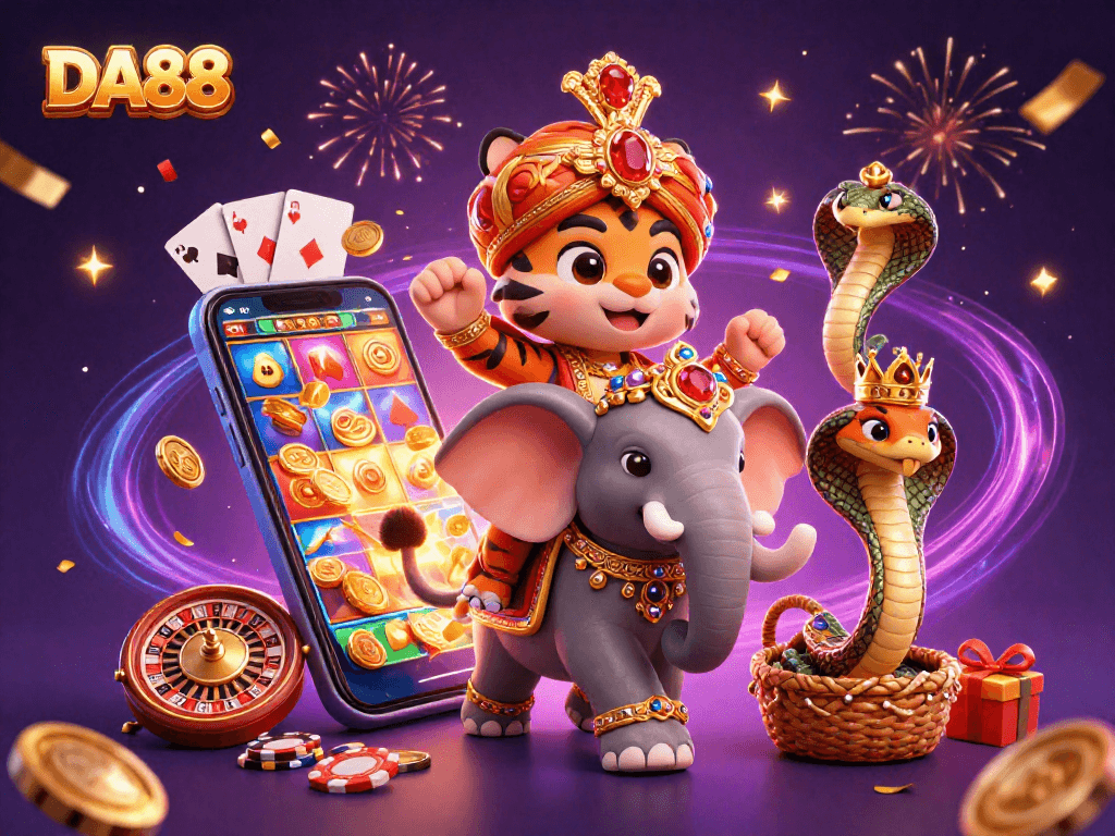 Engage with DA88 by experiencing thrilling online casino gaming in a vibrant 3D illustrated scene.