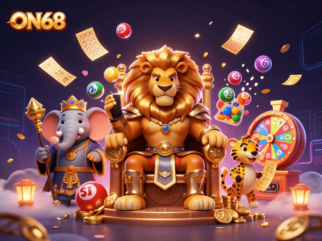 Experience the vibrant world of ON68 with thrilling lottery games, lively characters, and immersive casino action.