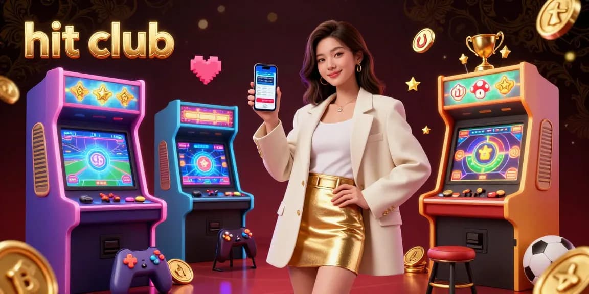 Experience the hit club with vibrant gaming elements and a stylish woman holding a sports betting app.