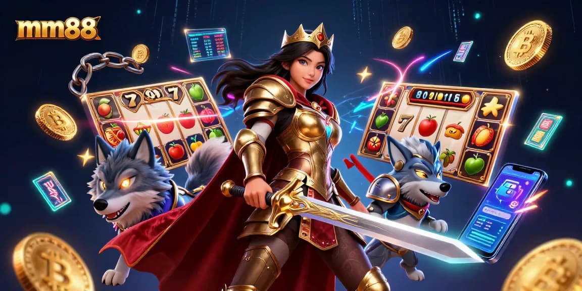 Engage with mm88's captivating slots in an energetic 3D casino scene featuring a warrior queen and a glowing wolf.