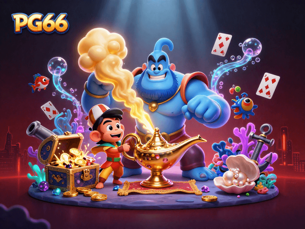 Experience the magic of PG66 with a vibrant 3D scene of a blue genie, treasures, and poker chips.