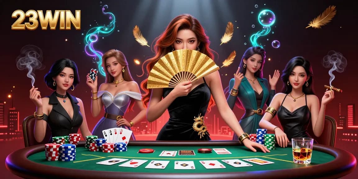 Experience the thrilling world of poker at 23WIN, with vibrant casino elements and captivating ambiance.