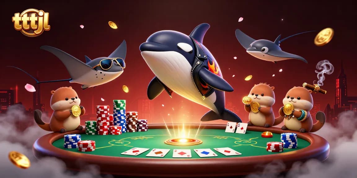 Engage with tttjl in a vibrant poker scene featuring a jumping orca and whimsical sea otters.