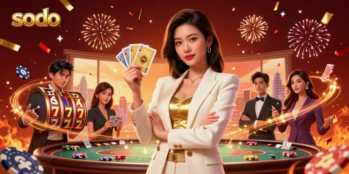 Sodo offers an engaging casino environment with vibrant games and a powerful businesswoman leading the action.