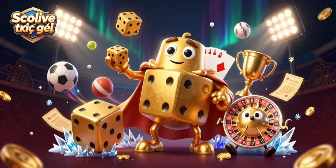 Bet on Socolive trực tiếp enjoying a lively casino atmosphere with golden dice and dynamic sports elements.