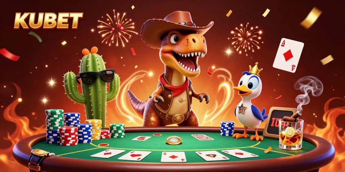 KUBET offers an exciting poker showdown with a cartoon dinosaur, cactus, and roadrunner in a vibrant casino setting.