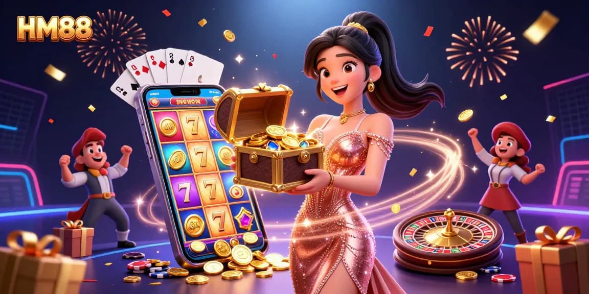 Experience excitement with HM88's captivating promotional scene featuring a joyous woman and vibrant casino elements.
