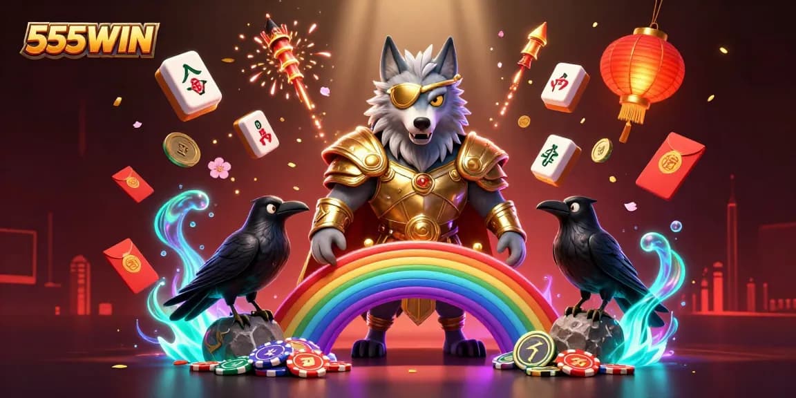 Play and win big at 555WIN with a vibrant scene of casino excitement and Norse mythology elements.