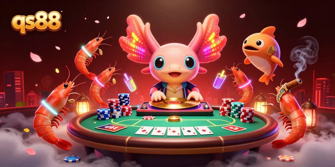 qs88 casino scene featuring a neon axolotl DJ, poker elements, and vibrant underwater characters.