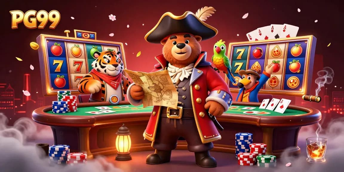 Play exciting slots and poker with PG99 in this vibrant 3D gambling scene.