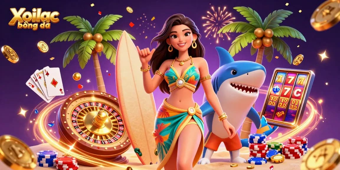 Xoilac bóng đá features a vibrant scene with a glamorous woman and a cartoon shark amidst dynamic casino elements.