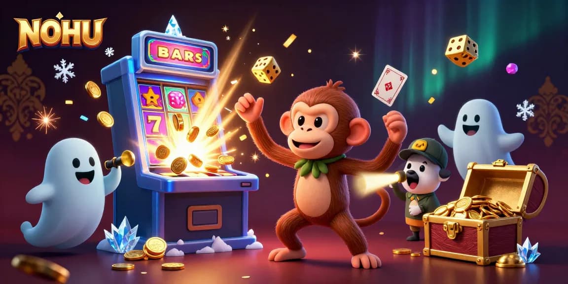 NOHU showcases an enchanting 3D scene of a playful monkey and puppy in a lively casino environment, engaging with vibrant slot machine elements.
