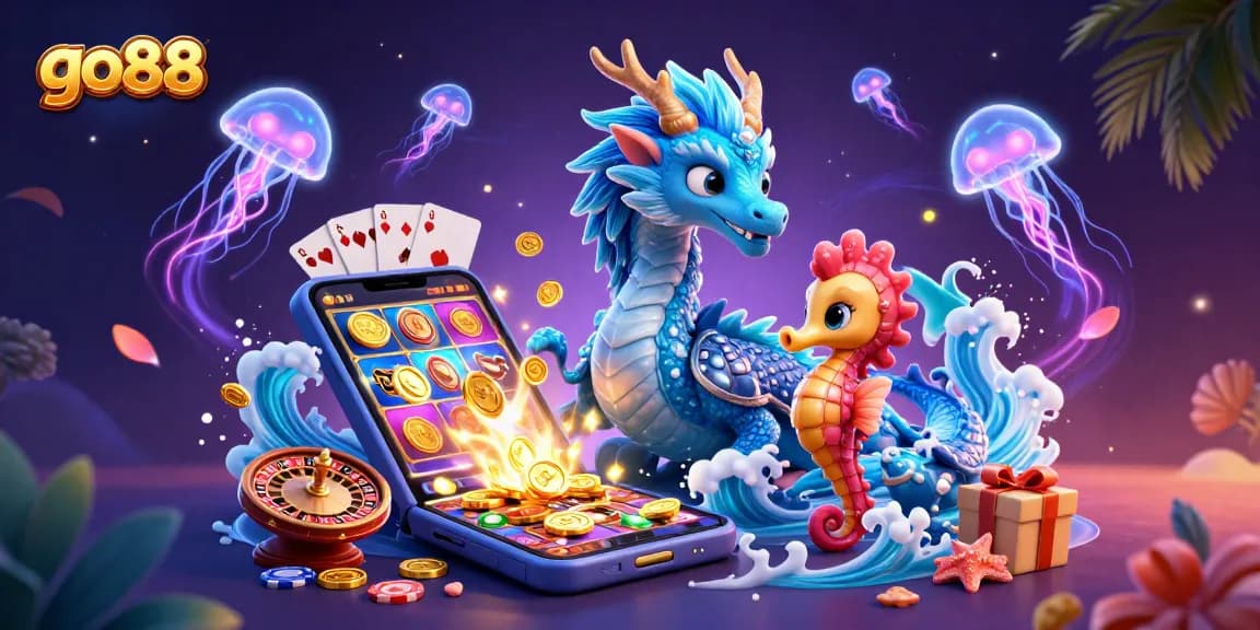 Engage with go88's thrilling gameplay featuring a casino dragon, a knight, and neon jellyfish.