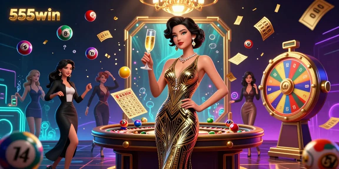 Experience the thrill of winning at 555win with dynamic lottery elements and a glamorous casino woman.