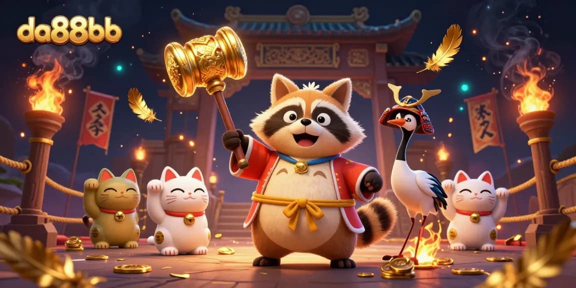 Experience thrilling bets at da88bb with a cheerful tanuki and fortune cats in a dynamic casino scene.