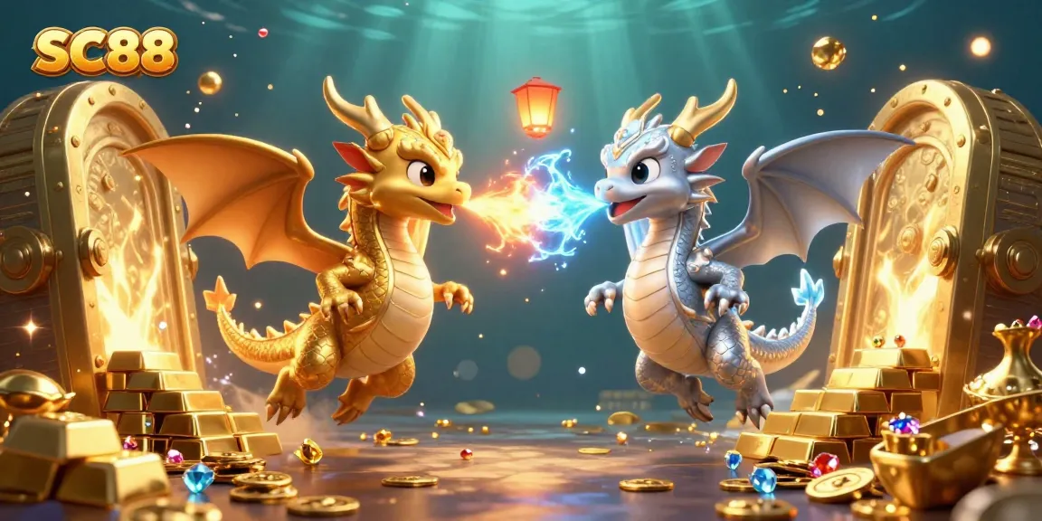 Engage with SC88's thrilling dragons in a dazzling 3D casino illustration featuring dynamic fire and ice.