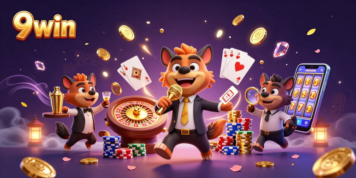 Experience the thrill of 9win with hyenas running a vibrant comedy casino club in this dynamic illustration.