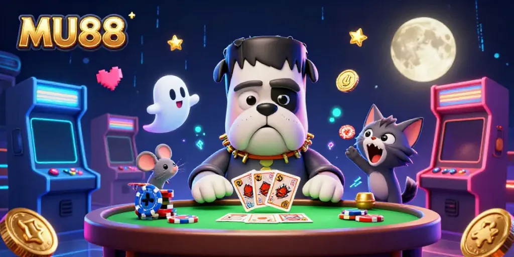 Experience thrilling casino action at MU88 with a 3D cartoon Frankenstein bulldog monster dealing cards surrounded by vibrant gaming elements.