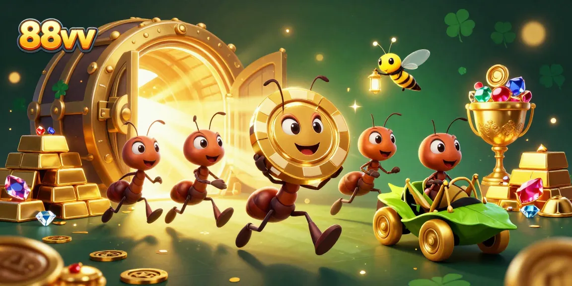 Experience thrilling adventures at 88vv with playful ants in a rich casino heist scene.