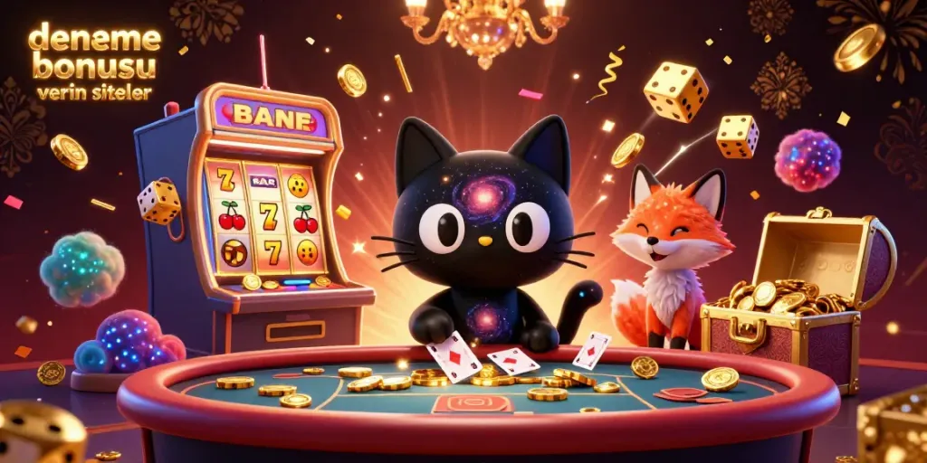 Experience the thrill of deneme bonusu veren siteler with a vibrant cosmic casino scene filled with animated characters and winning elements.