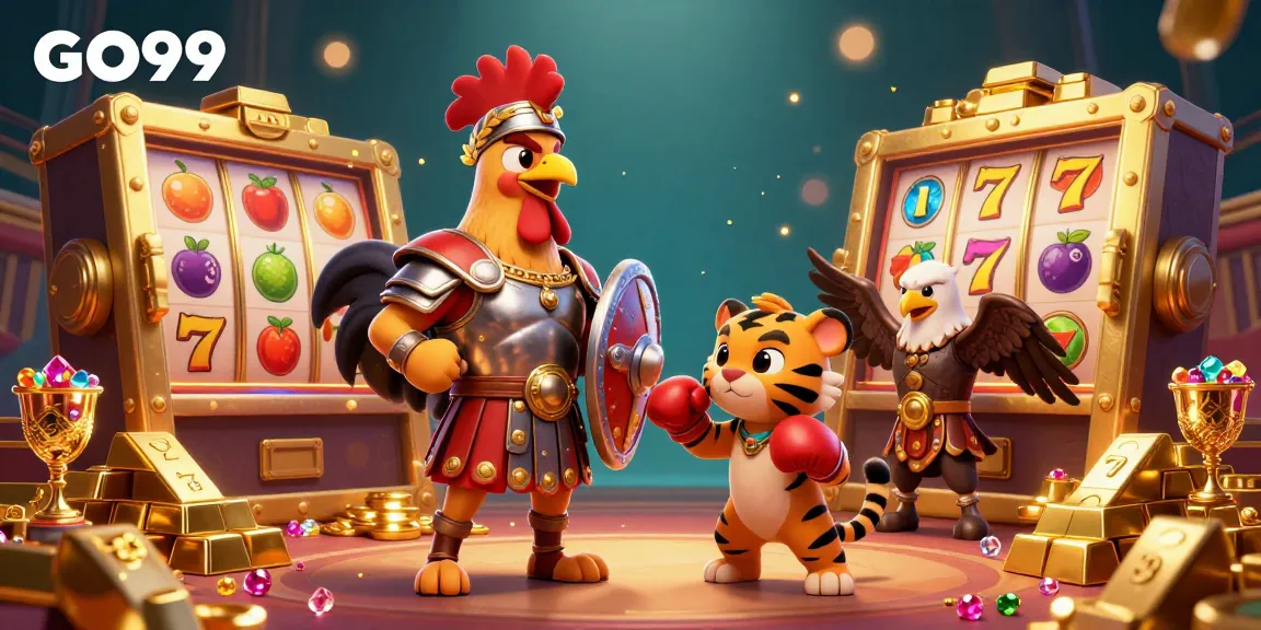 Experience the excitement of GO99 with a dynamic 3D illustration showcasing vibrant slot themes and rich casino elements.