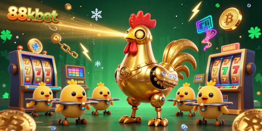 Engage with 88kbet’s vibrant casino scene featuring a futuristic golden rooster shooting winning laser beams.