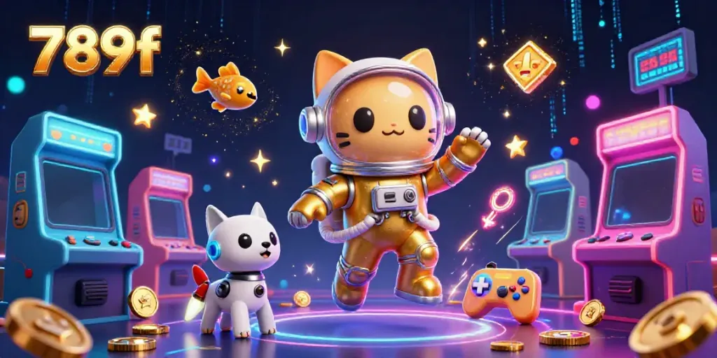 Engage in thrilling gameplay as the 789f astronaut cat floats in a cosmic casino adventure.