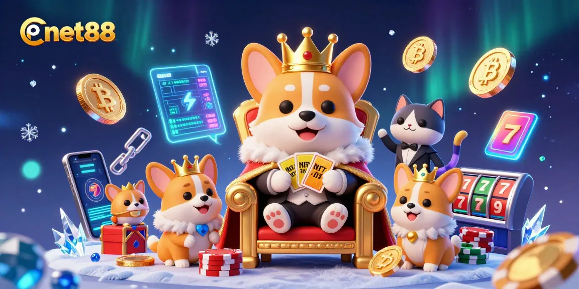 Experience thrilling gameplay at net88 with a vibrant 3D corgi royal scene full of poker chips and crypto elements.