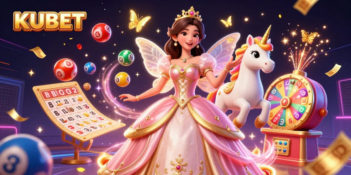 KUBET showcases an enchanting casino scene with vibrant lottery elements, featuring a glamorous Asian woman and golden unicorn amidst dynamic gameplay visuals.