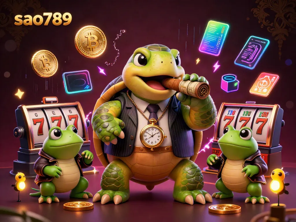 Sao789 offers an engaging casino experience with a cartoon turtle in a vintage suit and casino elements.