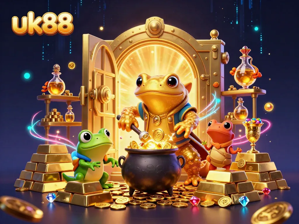 Experience the excitement of uk88 with a vibrant 3D scene showcasing a magical alchemist creating gold in a casino setting.