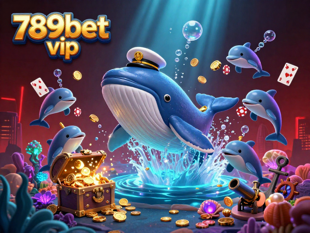 Experience 789bet vip with playful dolphins, coins, and a whimsical whale in this vibrant casino illustration.