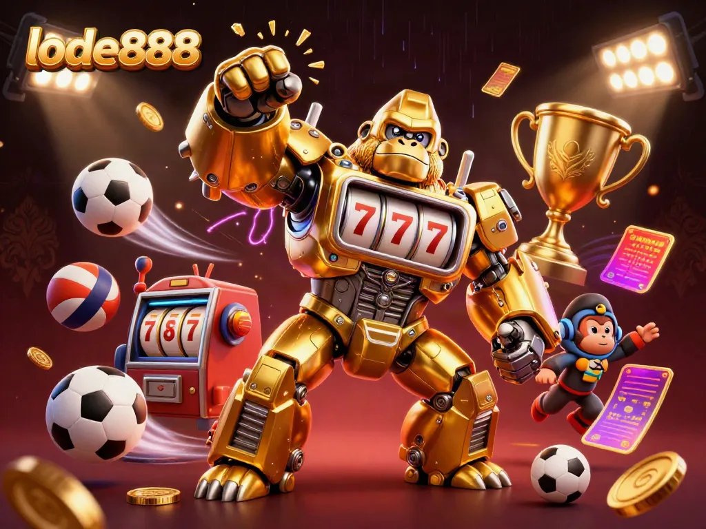 Witness the excitement of lode888 with a golden gorilla mech, sports elements, and coins flying around!